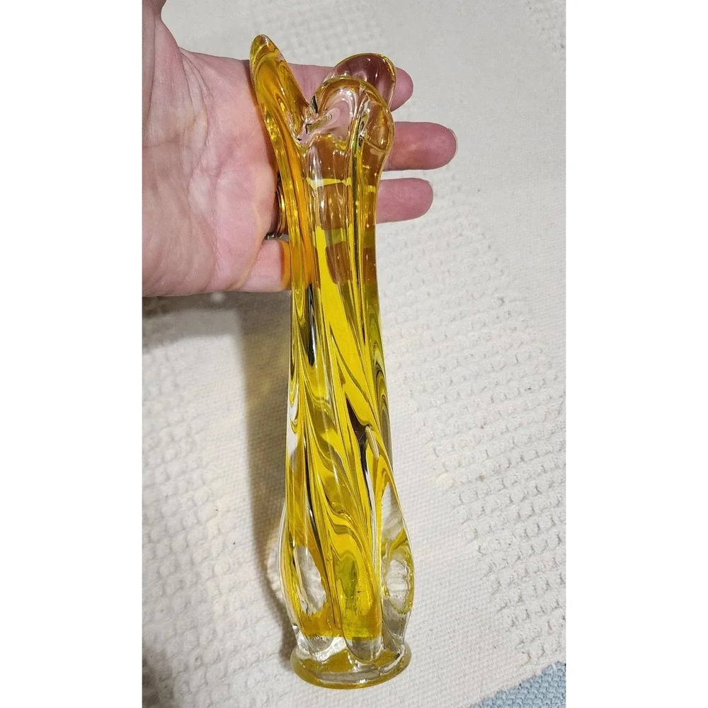 Vintage Yellow Cadmium Art Glass Bud Vase Twisted Swirl Mid Century 9 Inch